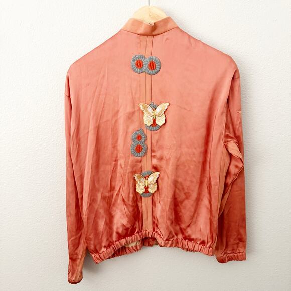 JOSEPH | Luxury Satin Bomber Jacket Coral Peach Butterfly Appliqué | 38, Medium - Picture 7 of 13